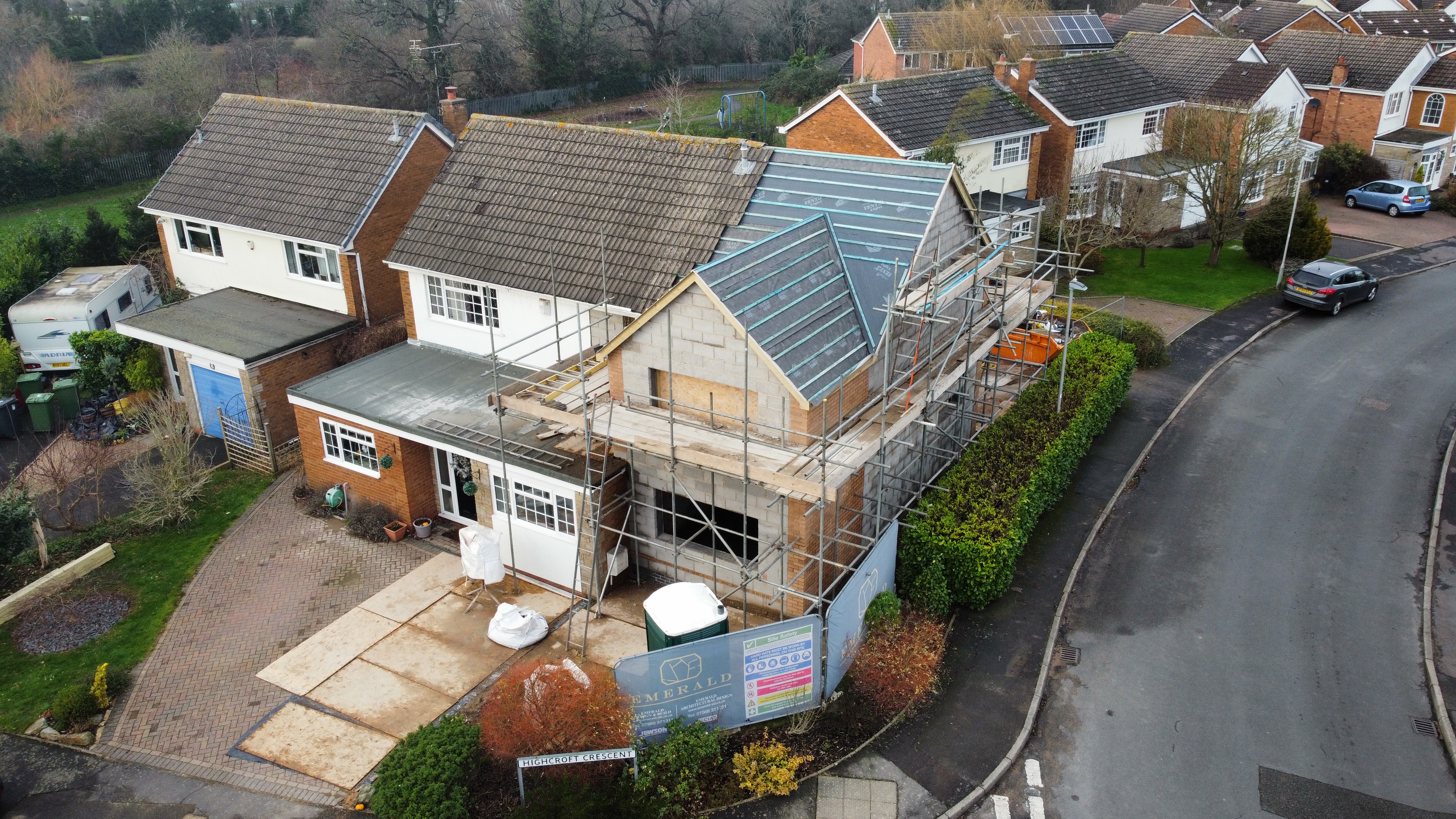 Aerial view — extension and loft conversion mid-build