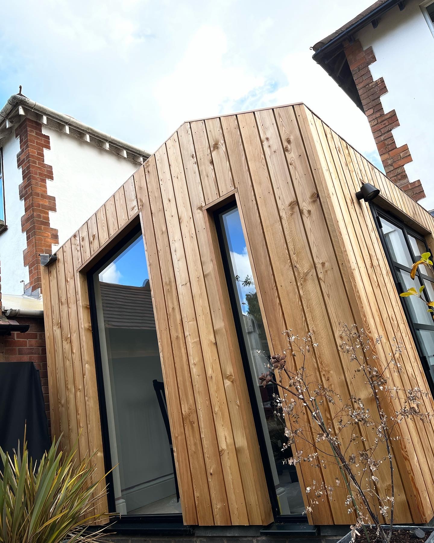 Cedar-clad side extension with angled roof